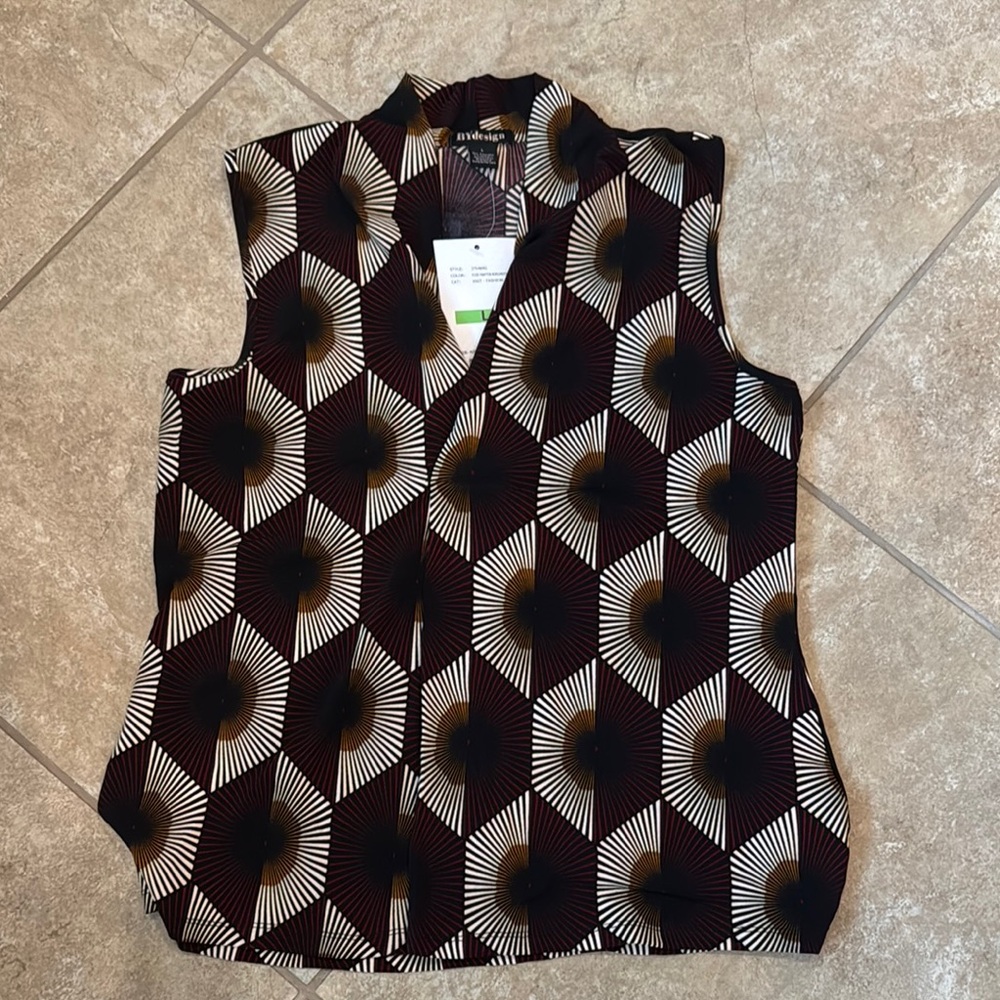 Black and Gray Graphic Sleeveless Blouse with Mandarin Collar